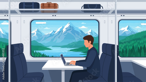 Illustration of a man working on a laptop at a table by a train window with scenic mountain views outside.