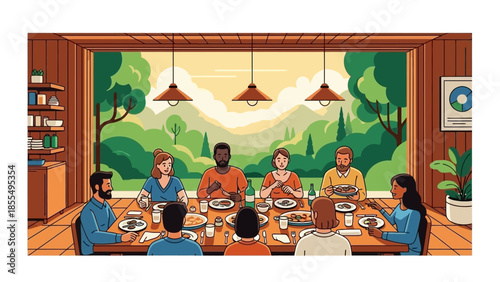 Illustration of a diverse group of people sitting around a table eating in a restaurant with a scenic view of trees and mountains.