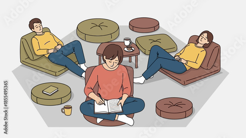 Illustration of three people relaxing in a cozy living room with bean bags and a coffee table on a grey floor.