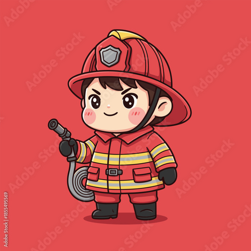 Chibi Firefighter Ready for Action with Hose and Helmet.