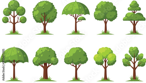 Cartoon tree collection vector illustration set with different green trees for nature landscape game and eco design