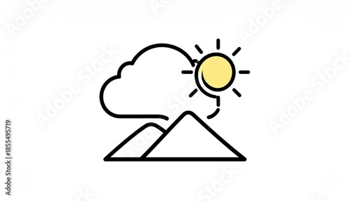 Simple illustration of a mountain range, clouds, and the sun, representing a sunny day.