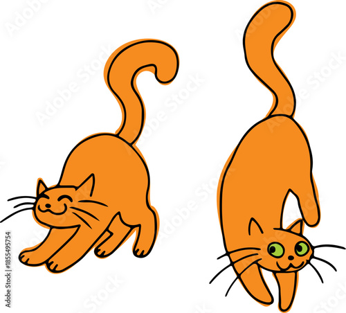 A set of cute funny ginger cats stretching and kneading, drawn with crooked grunge lines