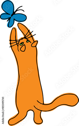 A cute, funny ginger cat stands on its hind legs and tries to catch a blue butterfly, drawn with crooked grunge lines