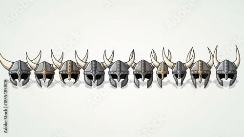 Collection of ten metallic fantasy helmets with horns on white background, ancient armor headgear, mythical creature costumes, medieval battle gear