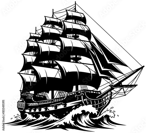 Dramatic sailing ship navigating through rough seas with full sails