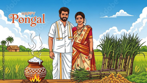 Happy pongal celebration with indian couple in traditional dress standing in a lush green field with a clay pot and sugarcane