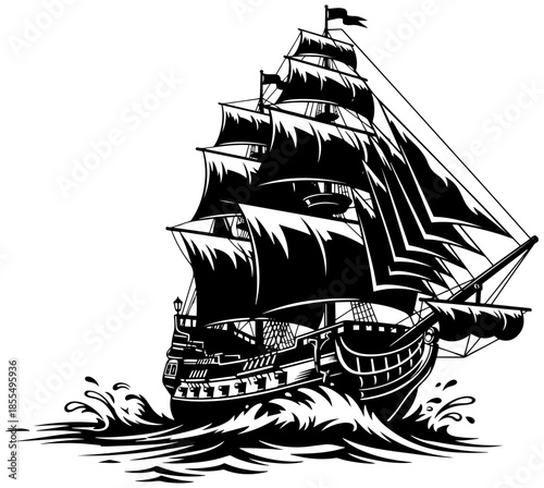 Dramatic pirate ship sailing through rough seas with billowing sails