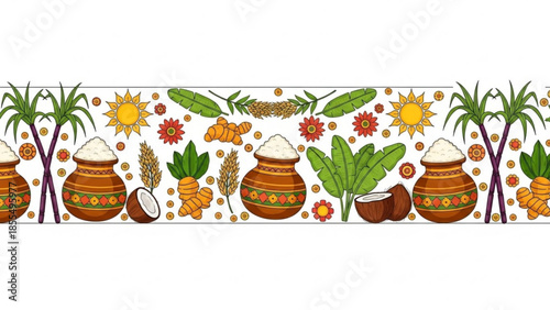 Traditional indian festival illustration with clay pots, palm trees, turmeric, and rice on white background, surrounded by vibrant flowers and leaves, symbolizing