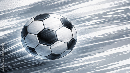 3D illustration of a round black and white leather soccer ball isolated on a blue background as a sports equipment object for football competition and leisure play