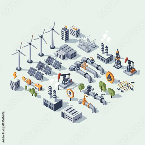 Isometric set of industrial and energy-related icons, including wind turbines, solar panels, oil rigs, factories, pipelines, and power plants.