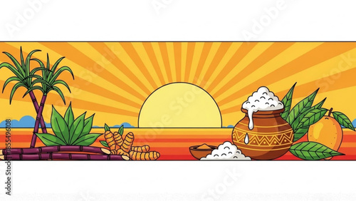 Vibrant indian festival scene with turmeric, coconut, and palm tree at sunrise, traditional decoration and offerings, cultural celebration