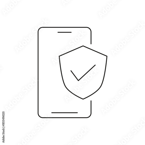 Smartphone security verified with checkmark shield line icon