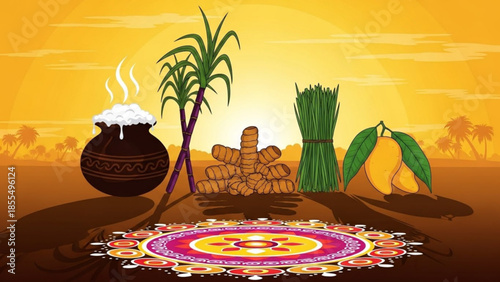 Pongal festival celebration with traditional items and decorations, sugarcane, turmeric, rice, and mango leaves on a colorful rangoli background at sunset, india