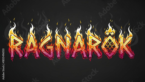 Ragnarok fiery logo with flames on black background, bold graphic design