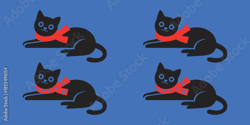 cute munchkin cat wearing Santa hat icon set featuring a black kitten and calico feline with snowflake elements for seasonal winter holiday graphic design.