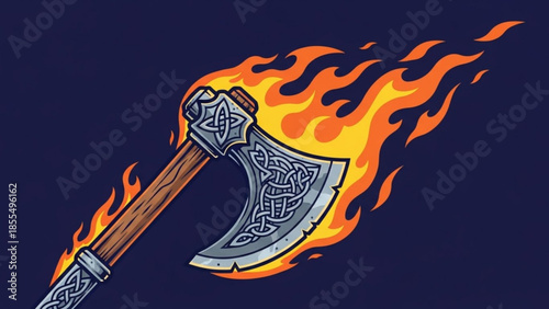 Viking battle axe on fire with celtic knotwork designs on blade and handle against dark background