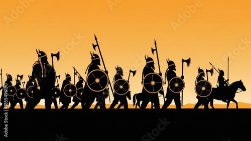 Viking warriors marching in formation with shields and spears against a vibrant orange sunset background