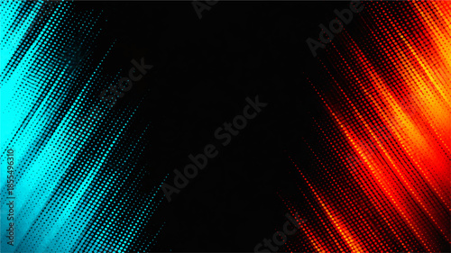 An abstract colorful background featuring blue rays and a digital wave pattern creates a bright glowing texture with red and orange light lines for a high-tech motion art wallpaper design