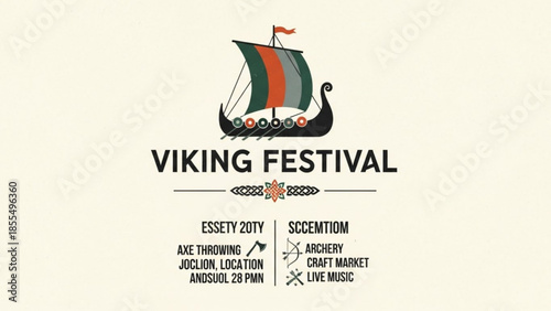 Viking festival poster with longboat, axe throwing, archery, craft market and live music