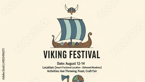 Viking festival event with longboat, horned helmet and axe on cream background, august 12 14 at oakwood meadows with axe throwing, feast and craft fair activities