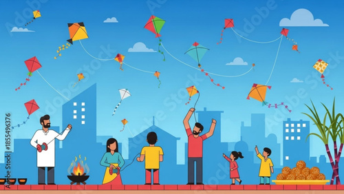 Happy family flying colorful kites on a sunny day in a city, celebrating a traditional festival with a burning fire and palm trees in background