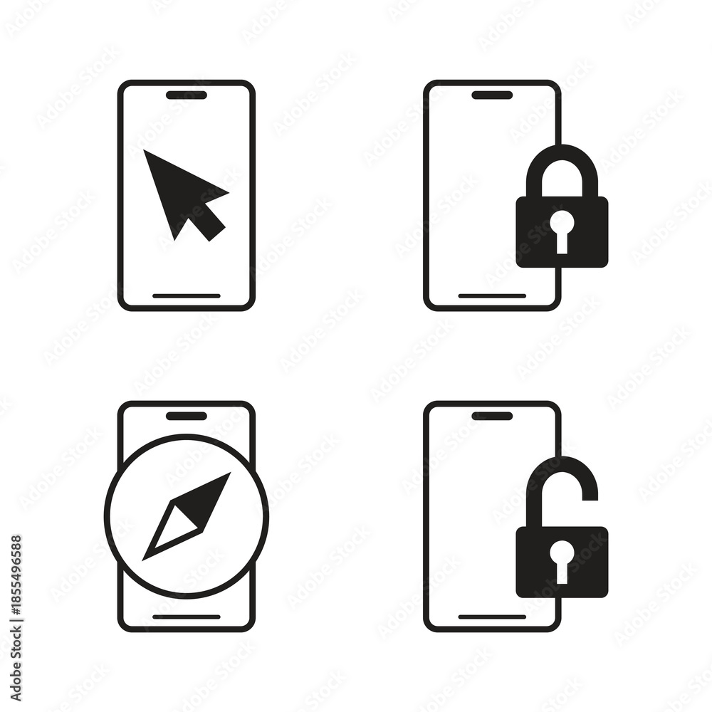 Obraz premium Smartphone navigation and security unlock solid icon set