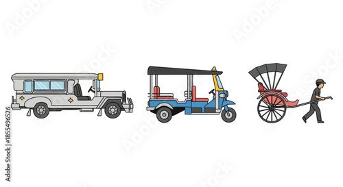 Philippine Jeepney Thai Tuk-Tuk and Asian Rickshaw Transport Vector Illustration.