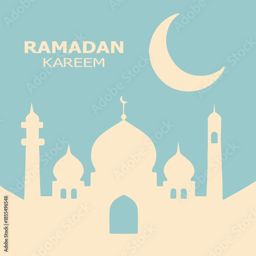 Ramadan Kareem Vector Illustration with Mosque and Crescent Moon, Islamic Holiday Background