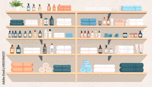 A well-organized display of bath and spa products on wooden shelves, featuring folded towels and various bottles of toiletries.