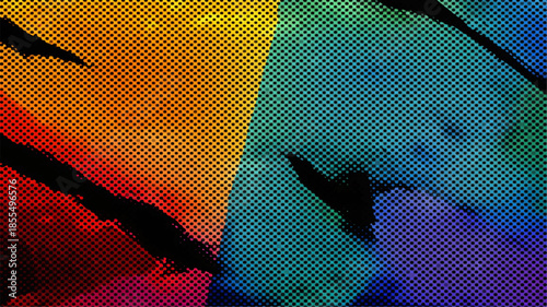 Digital illustration of a mosaic pattern featuring a blue vector world map and the grunge nature silhouette of a woman and dolphin swimming in a global underwater sea with fish and sharks