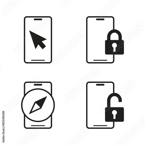 Smartphone navigation and security unlock solid icon set