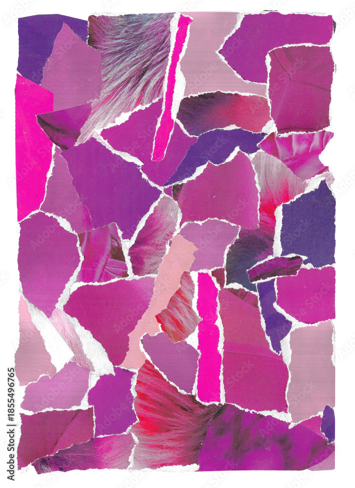Obraz premium Collage torn ripped edges from vintage magazines 90s 2000s pink purple texture rainbow background