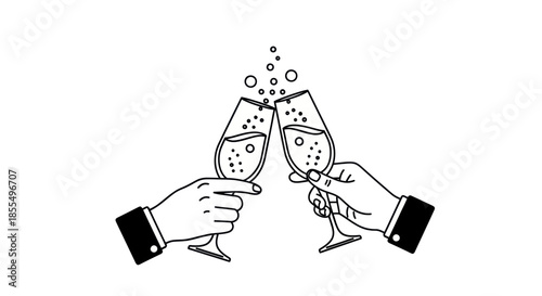 Elegant hands toasting with sparkling champagne flutes a celebratory black and white line art illustration.