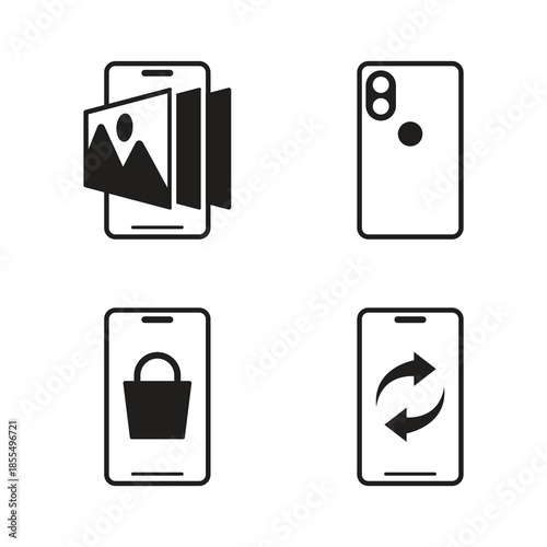Mobile gallery camera and shopping bag solid icon set