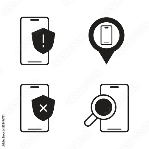 Smartphone security shield and data search solid icon set