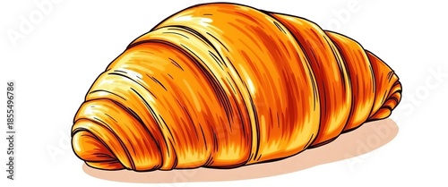 A rustic, hand-drawn illustration of a golden-brown croissant, showing flaky layers,  flaky,  pastry art