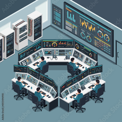 Isometric view of a modern data center control room with multiple operators monitoring complex systems and data on numerous screens.