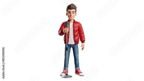 3D Character Holding a Microphone on transparent background