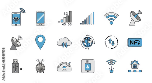 Modern Wireless Technology Mobile Communication and Internet Network Icons Set.