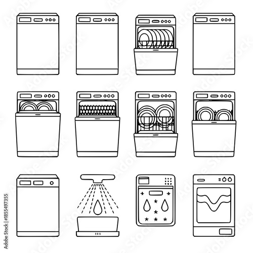 Dishwasher Outline Icons Set Kitchen Appliance Vector Illustration