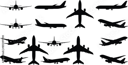 Commercial airplane silhouettes collection, multiple aircraft views isolated on white background, aviation travel transport design elements illustration, vector, set, graphic