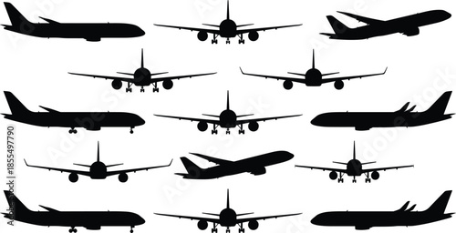 Commercial airplane silhouettes collection, passenger jet aircraft views, aviation transport icons, black plane shapes isolated on white background