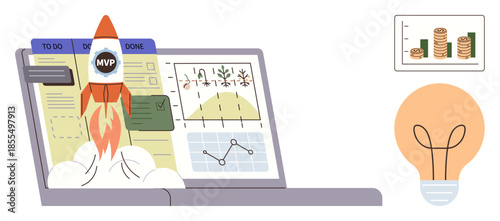 Rocket launching from a laptop screen with MVP badge, task board, graphs, chart, and lightbulb. Ideal for innovation, startups, project planning, productivity analytics entrepreneurship simple