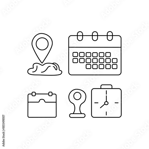 Calendar, clock, and location icons. Time, date, and address icon set.
