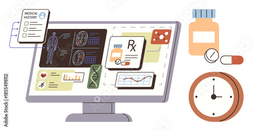 Computer screen showcasing patient medical history, prescriptions, lab results, and diagnostics, alongside medication, pills, and a clock. Ideal for telemedicine, diagnostics health data research
