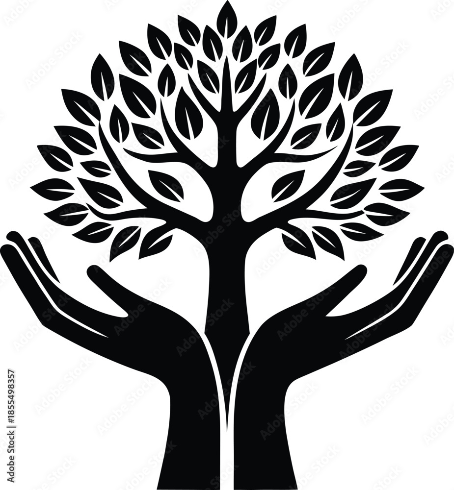 Obraz premium Black silhouette of hands cradling a stylized tree with leaves