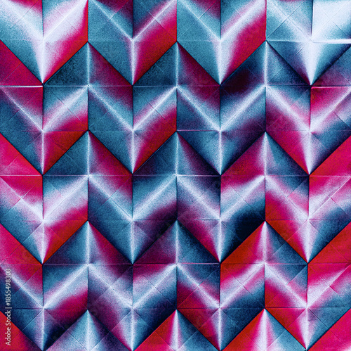 Folded spray painted colorful paper art, Japanese origami background texture, abstract geometric pattern artwork