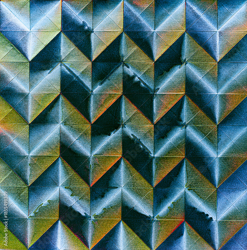 Folded spray painted colorful paper art, Japanese origami background texture, abstract geometric pattern artwork