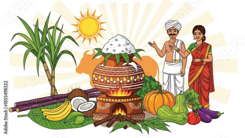 Traditional indian pongal festival celebration with man and woman in white and red clothing standing beside decorated pot with rice and vegetables